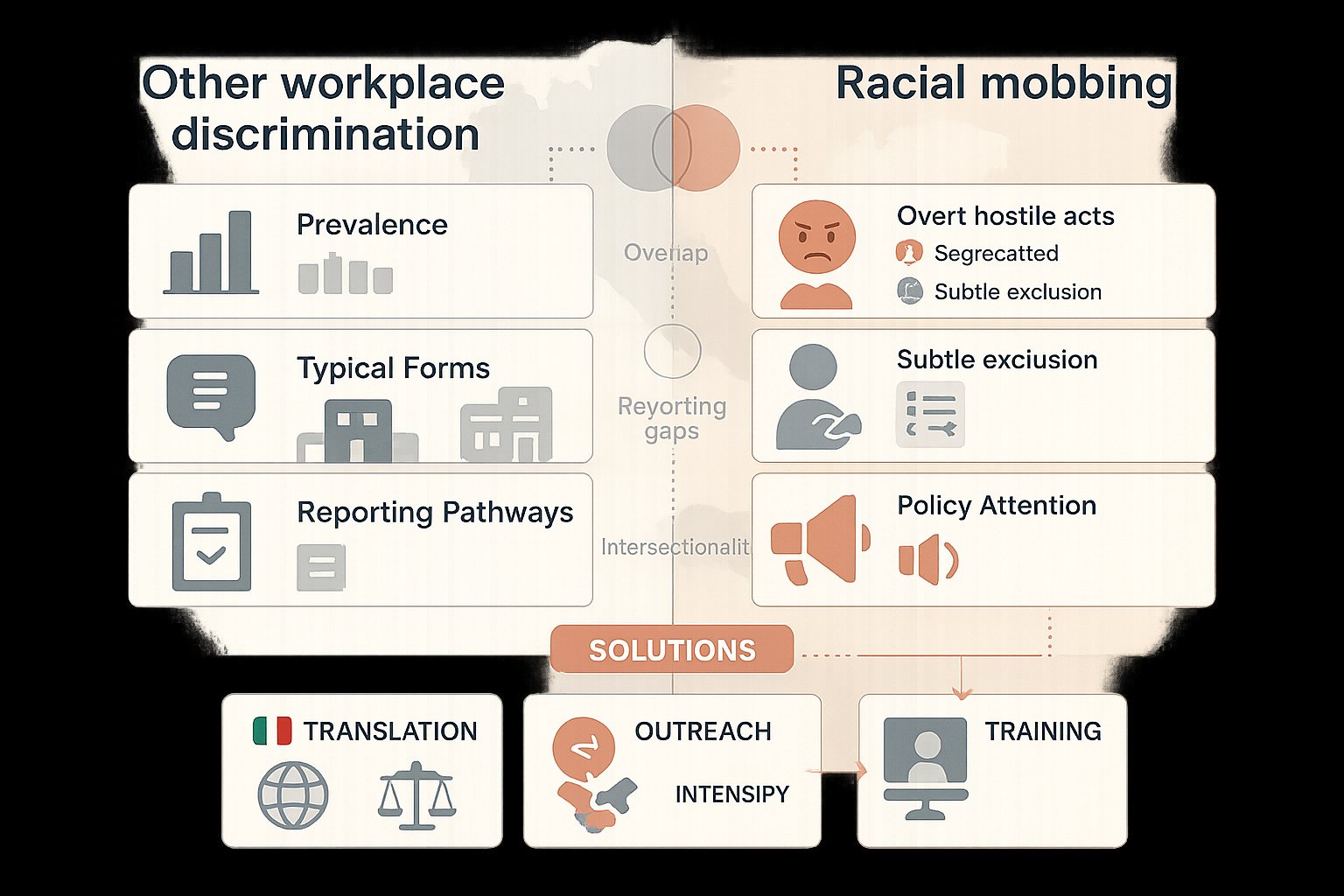 Infografica affiancata che confronta mobbing razziale e altra discriminazione sul posto di lavoro in Italia.