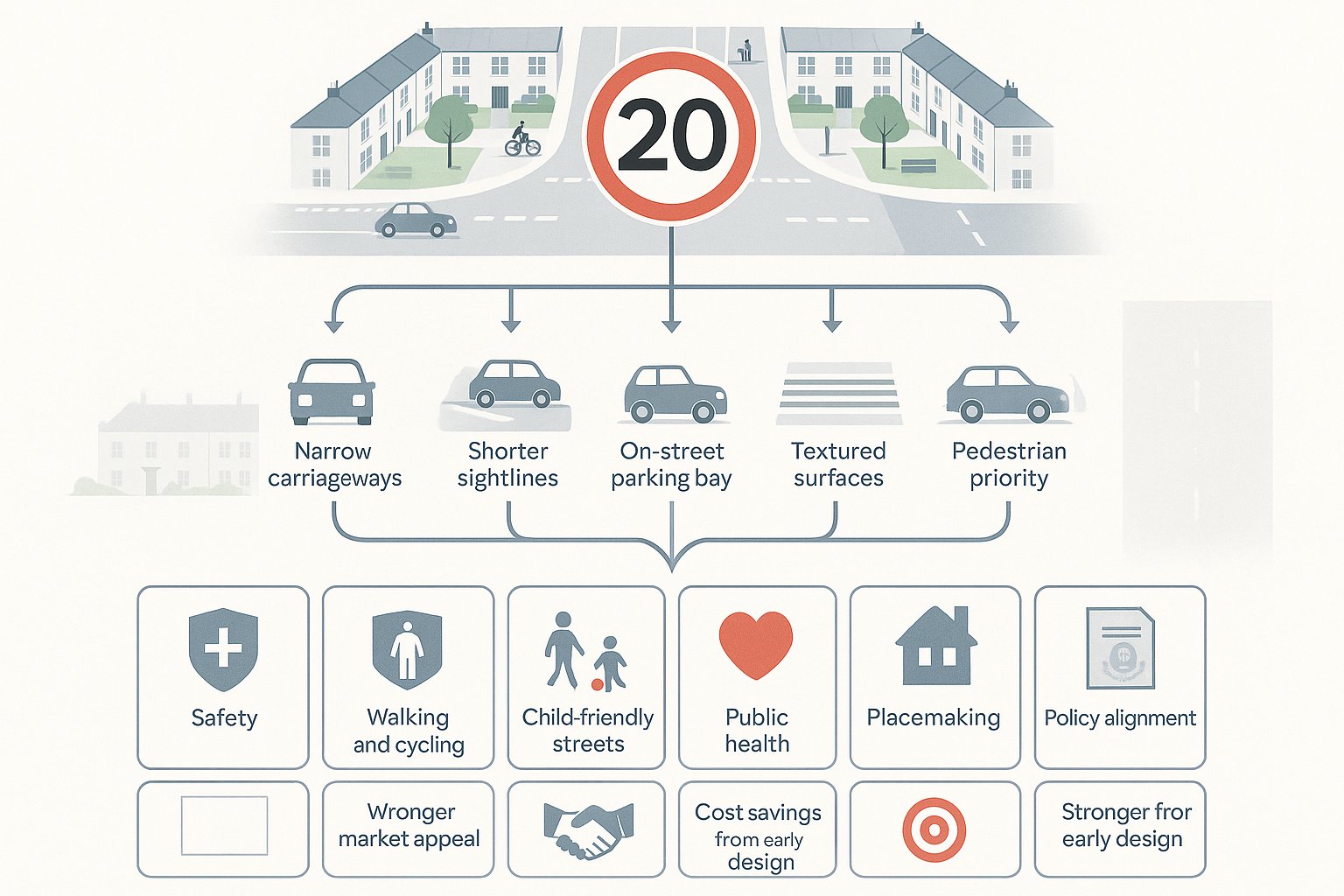 Infographic showing how 20mph street design shapes safer UK development outcomes.