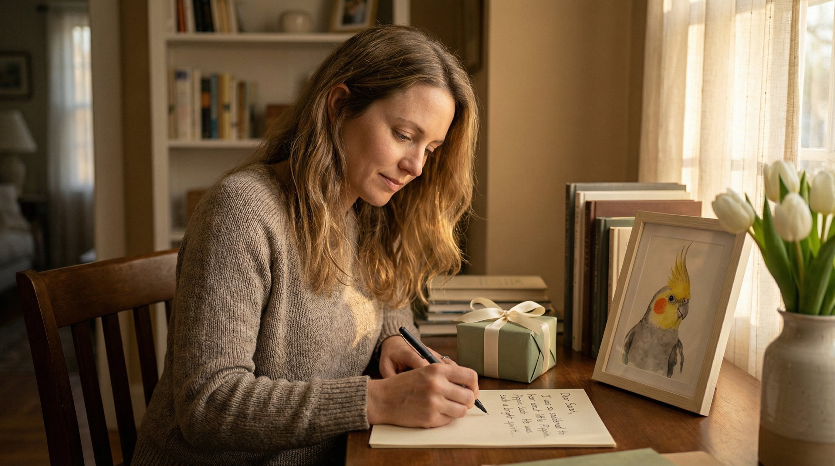 Woman writing a sympathy note beside a custom cockatiel portrait and wrapped gift.