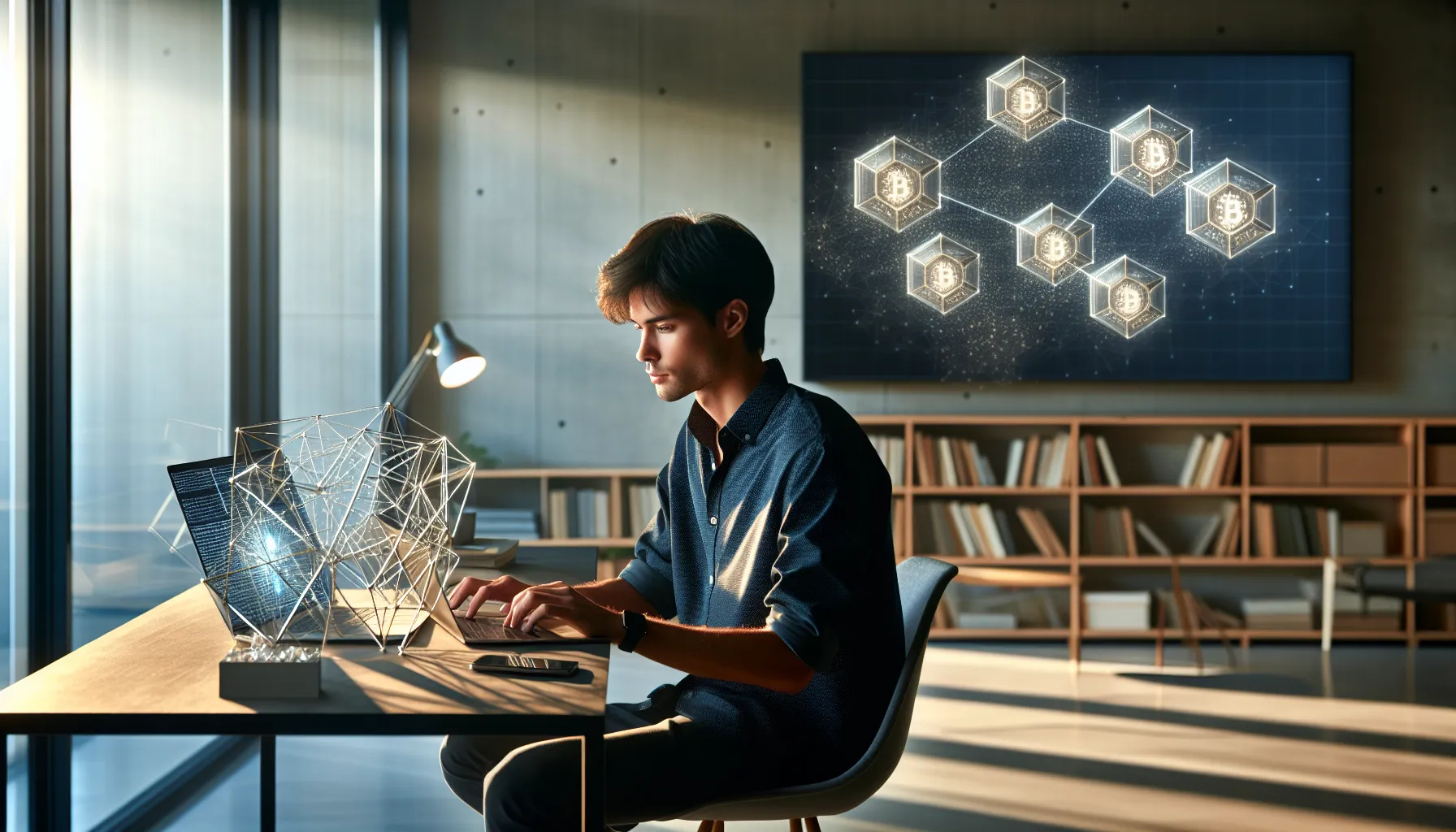 DeFi (Decentralized Finance) 2 Professional using laptop and smartphone to access DeFi protocols in modern home office.