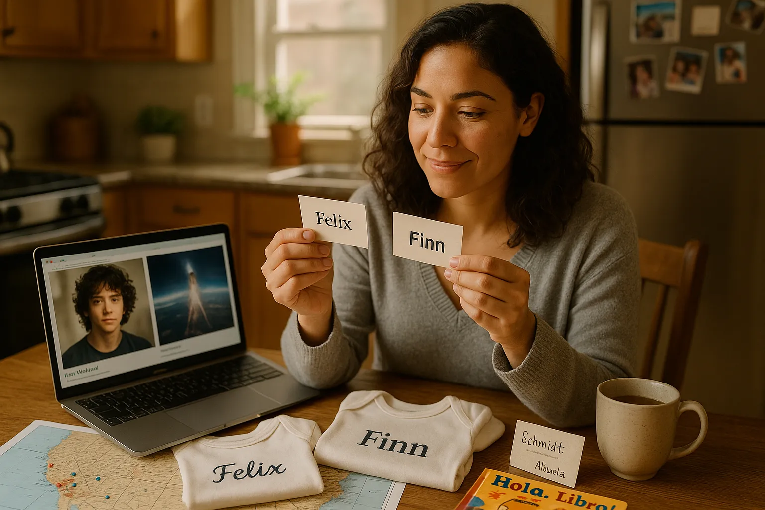 Parent comparing name cards “Felix” and “Finn” at a sunlit kitchen table.