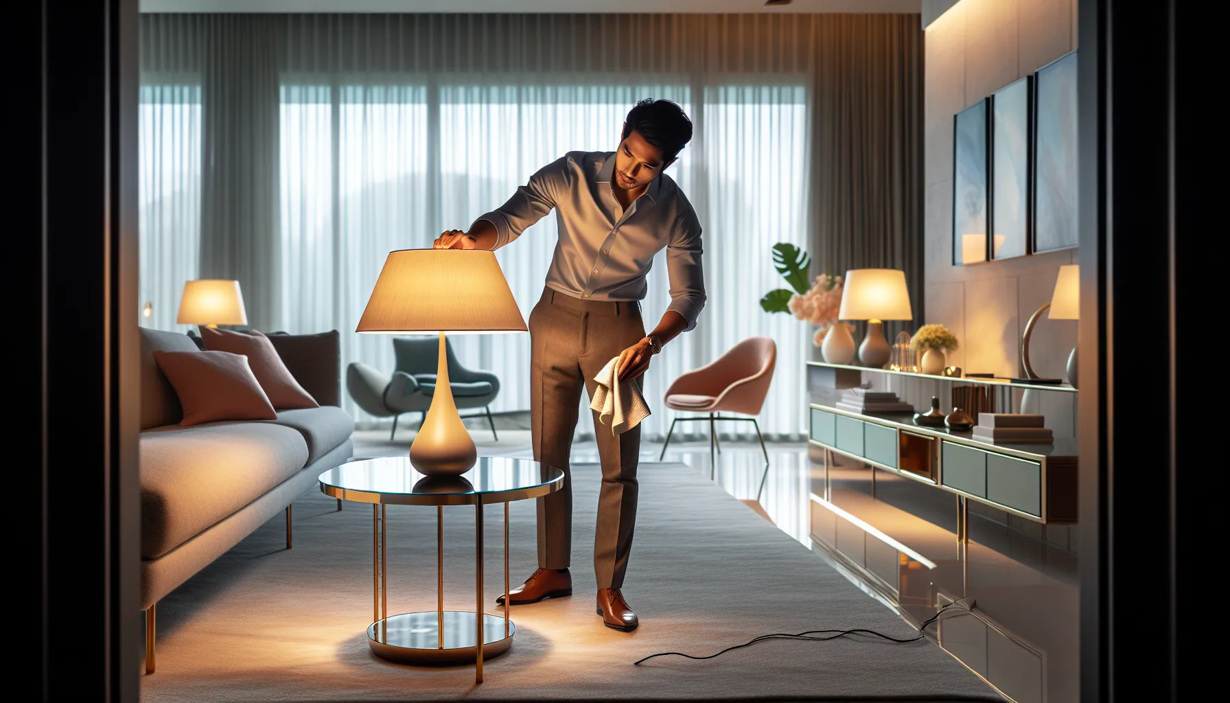 person cleaning a modern Lwtc148 lamp in a stylish living room.