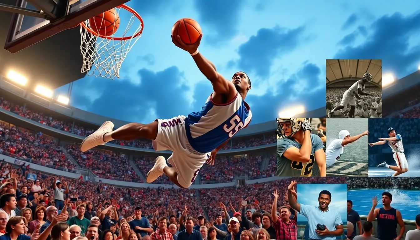 A basketball player mid-air in a crowded stadium highlighting sports history.