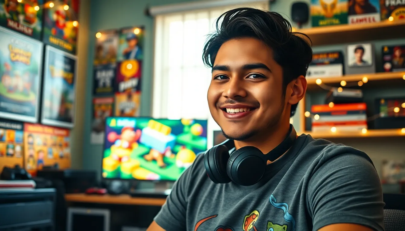 A young man in a gaming room surrounded by consoles and game memorabilia.
