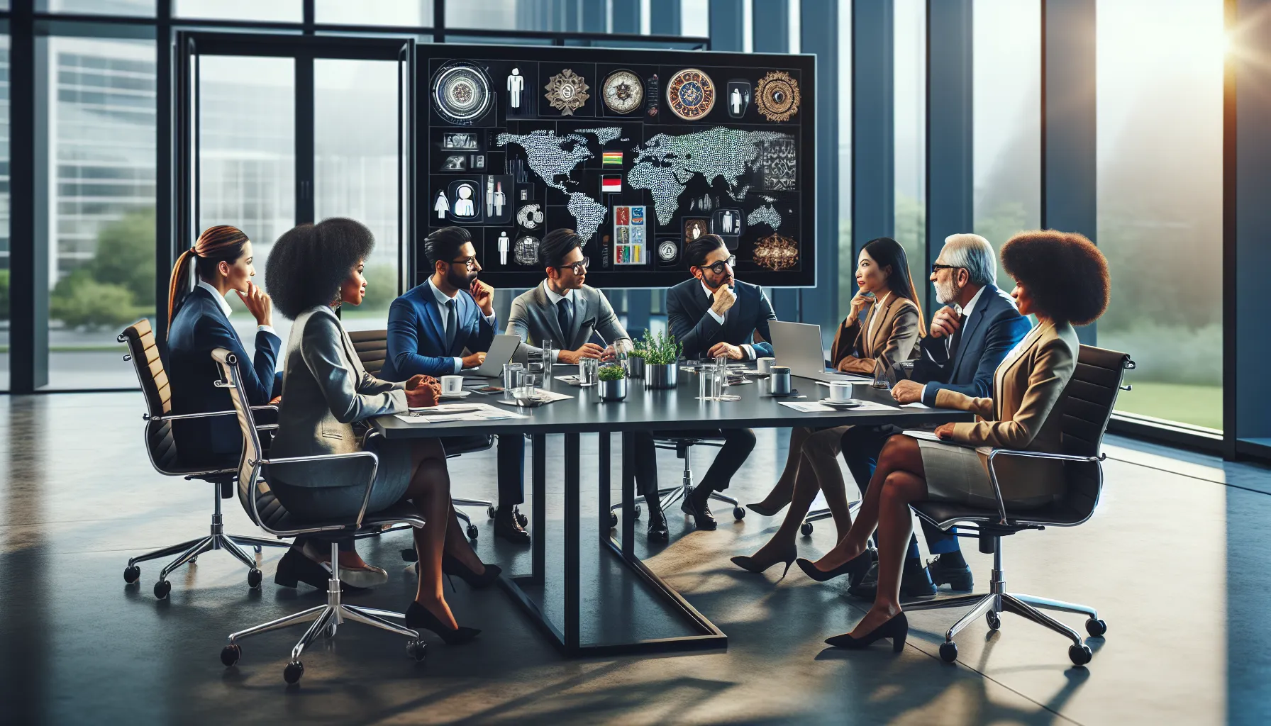 diverse team collaborating in a modern office focused on cultural exchange.