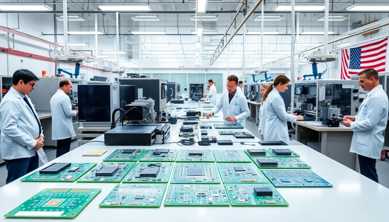 Technicians assembling circuit boards in a high-tech U.S. manufacturing facility.