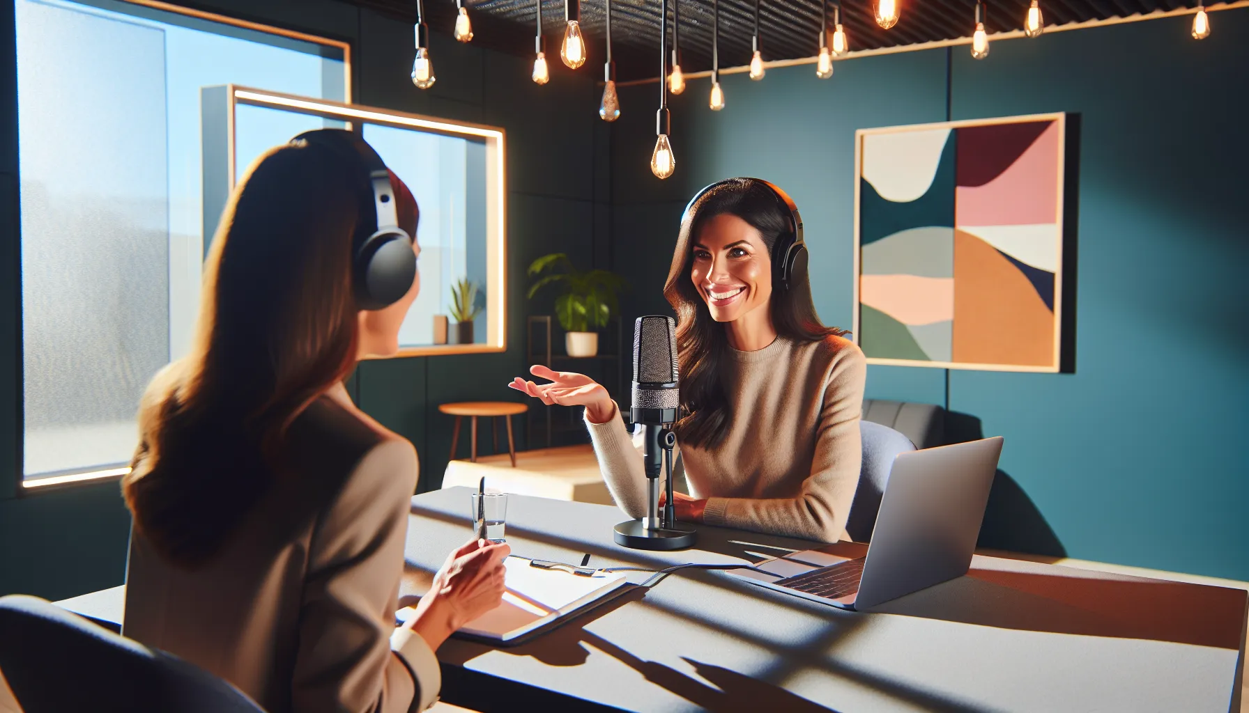 Bianca chatting in a modern podcast studio.