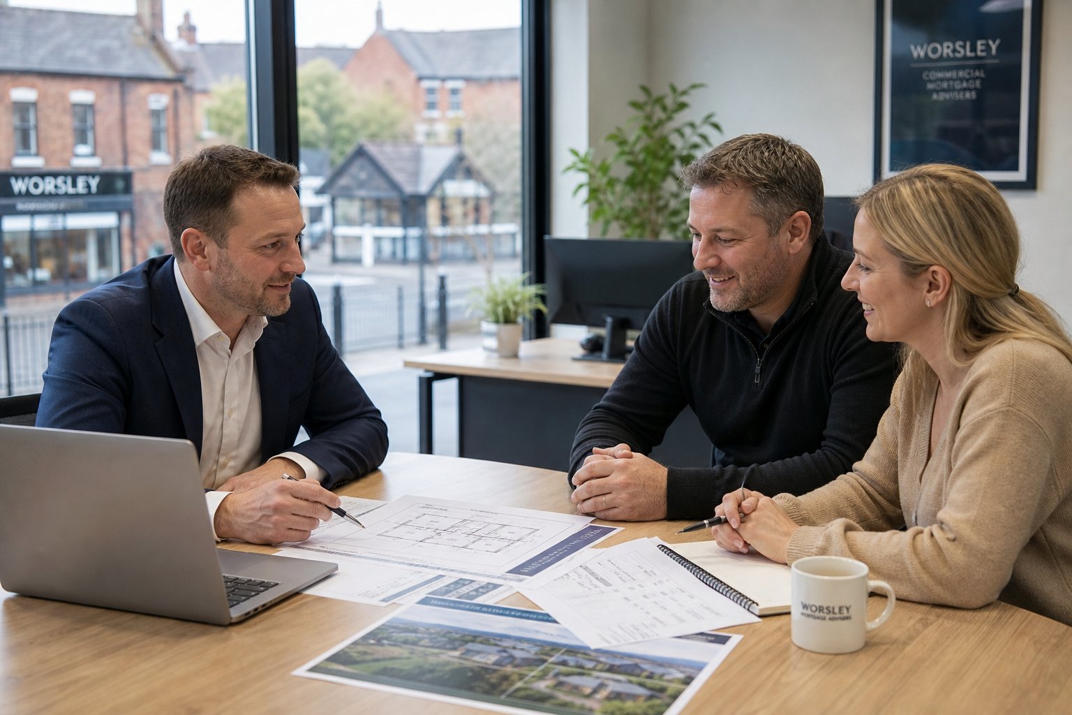 Commercial mortgage adviser meeting local business owners in a modern office, reviewing documents and property plans in a professional, friendly setting.