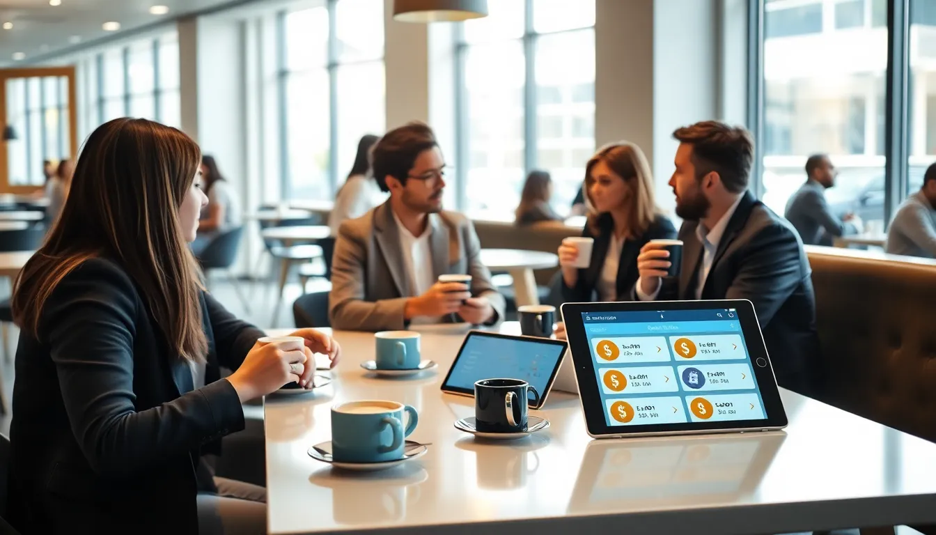 professionals discussing money concepts in a modern café.
