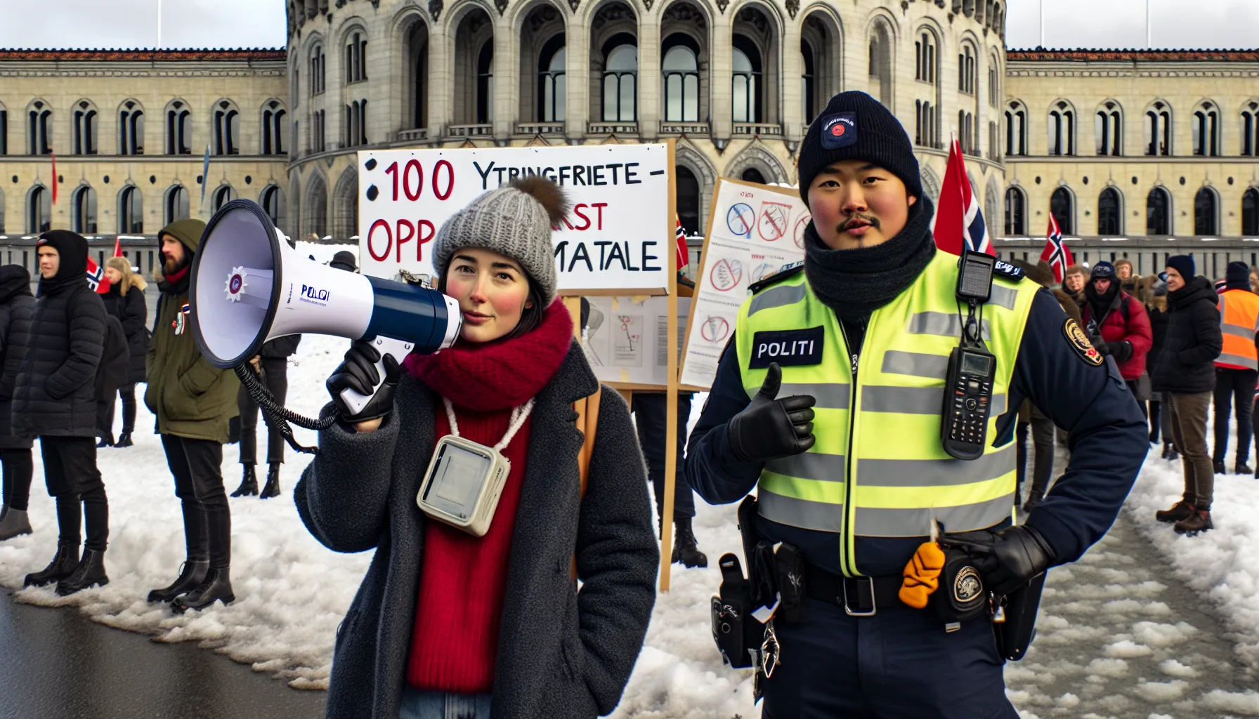 Peaceful protest outside Stortinget; woman with megaphone, police regulate time and place.