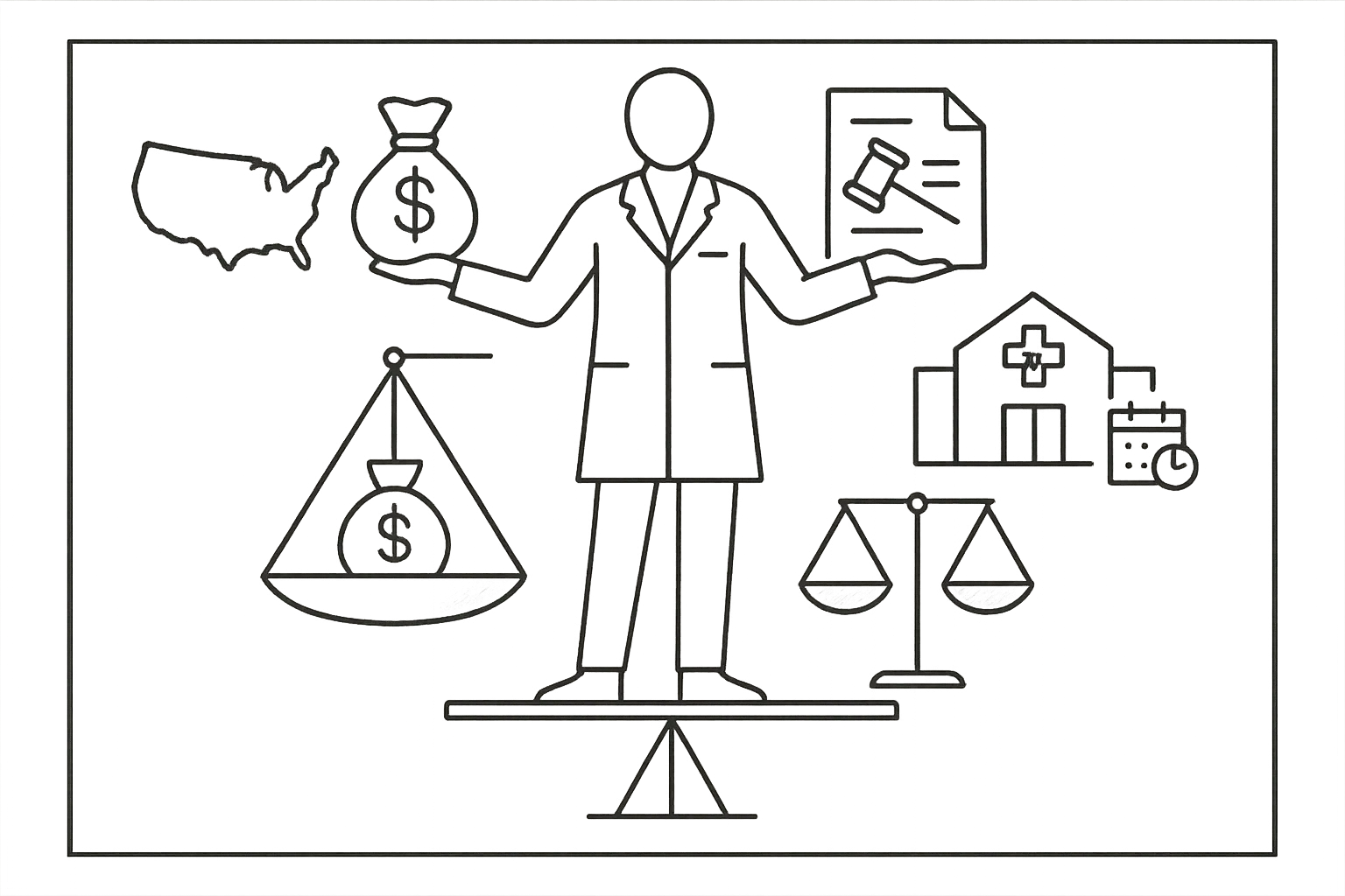Veterinarian balancing money bag and legal document on scales with clinic outline.
