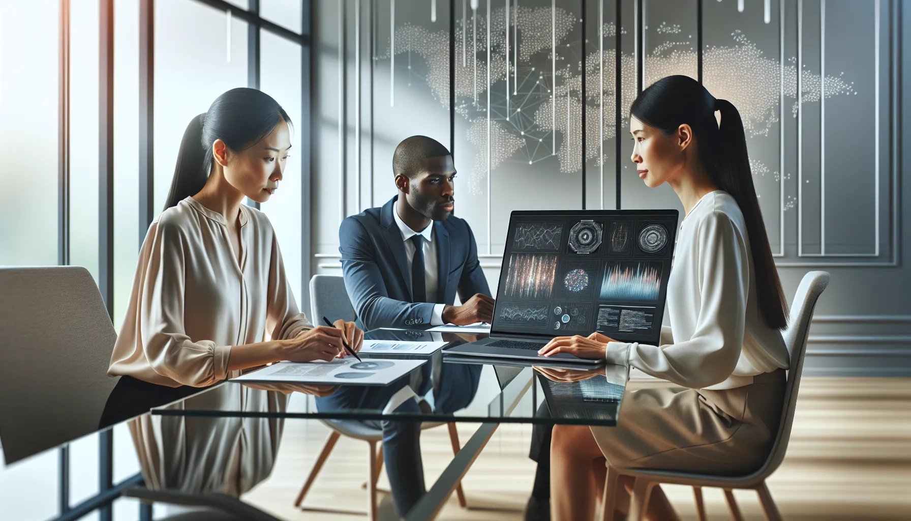 diverse team discussing data analysis in a modern office.