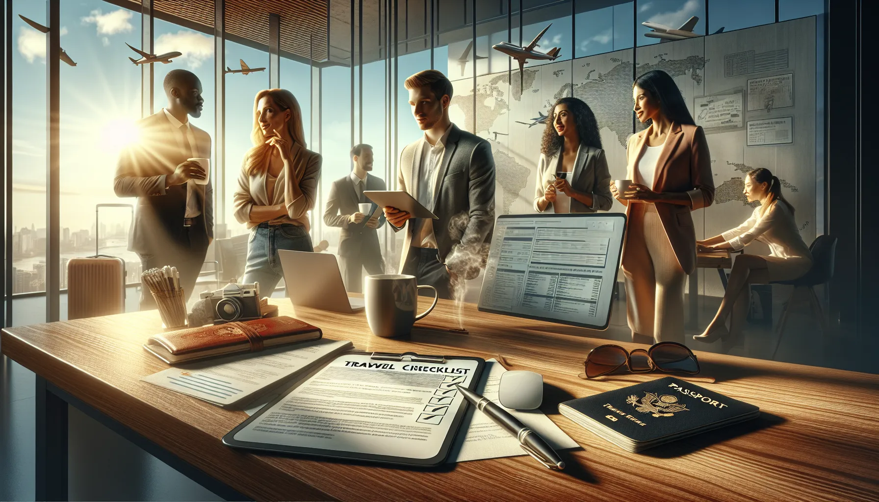 professionals discussing travel planning in a modern office.