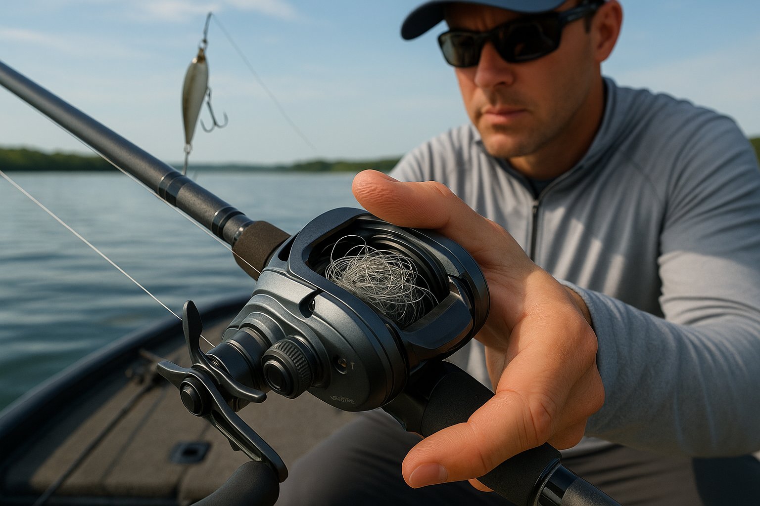 Close-up of a baitcaster reel with tangled line on a fishing boat.