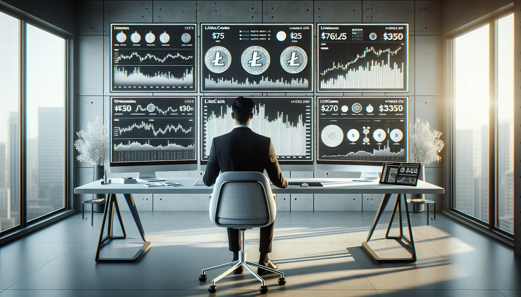 Professional analyst reviewing Litecoin cryptocurrency charts in modern UK office workspace.