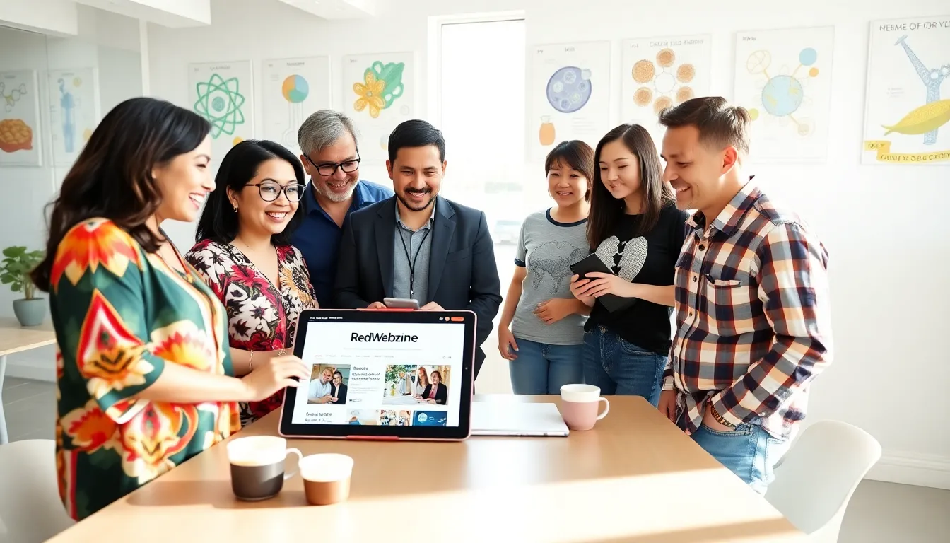 a diverse group discussing Redwebzine's science lifestyle content in a bright office.