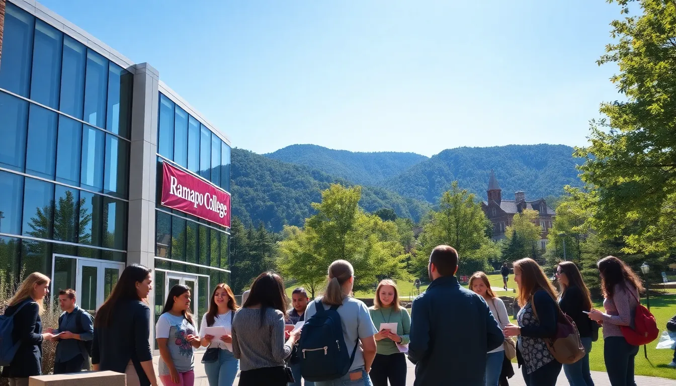 students discussing outside a modern building at Ramapo College.