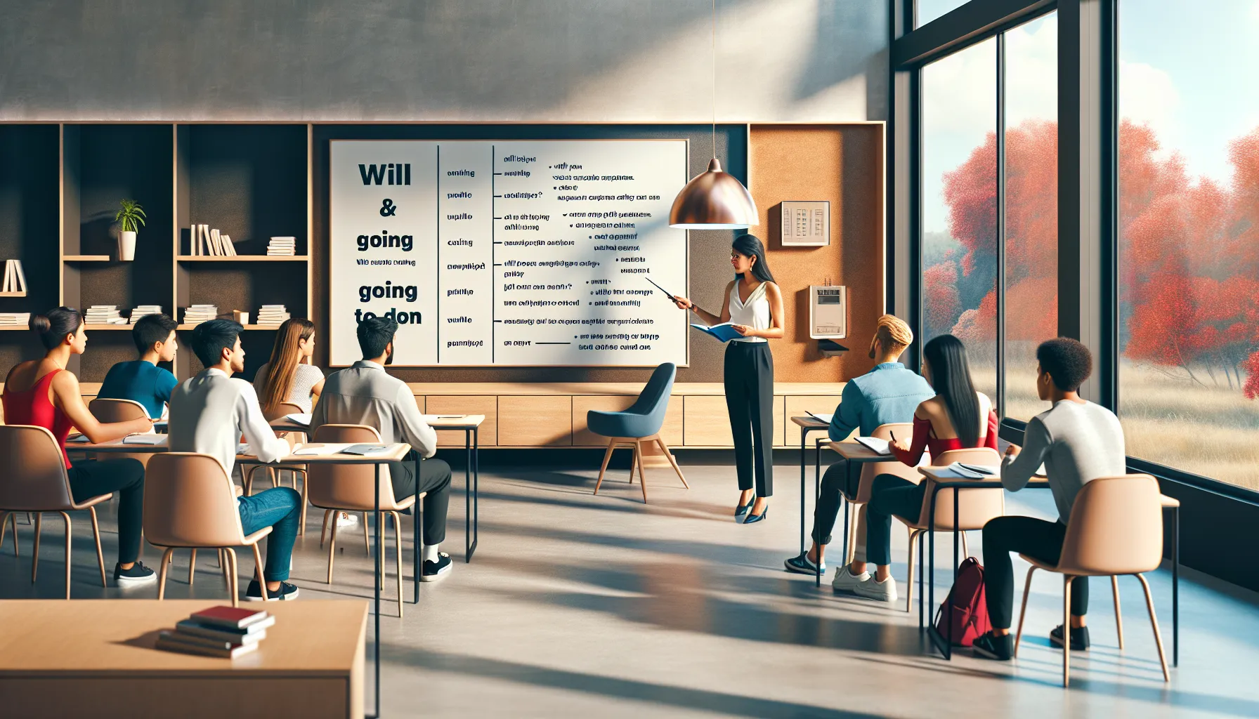 A language instructor teaching a group of students about future tense usage in English.