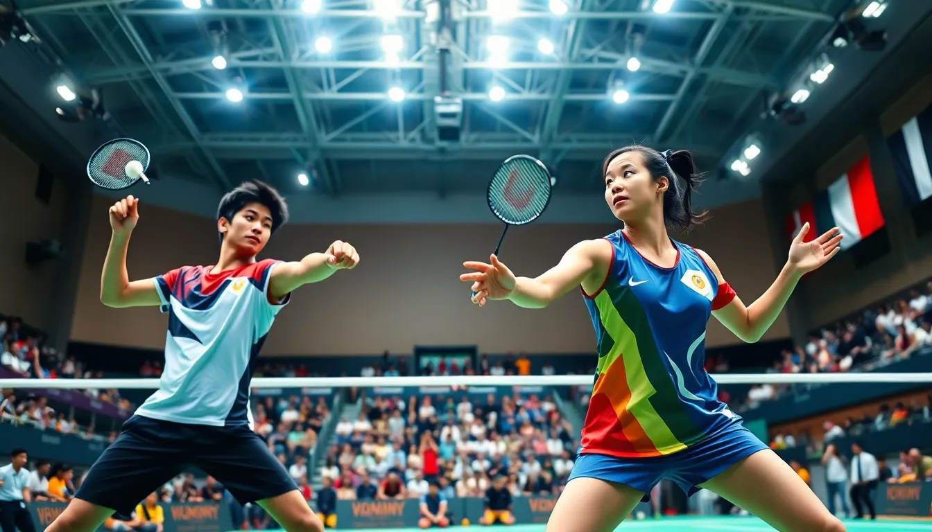 intense badminton match with players from different nations in a lively arena.