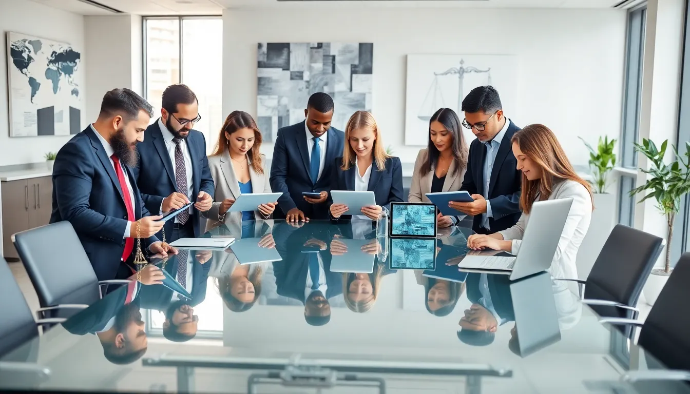 diverse legal team using technology in a modern office.