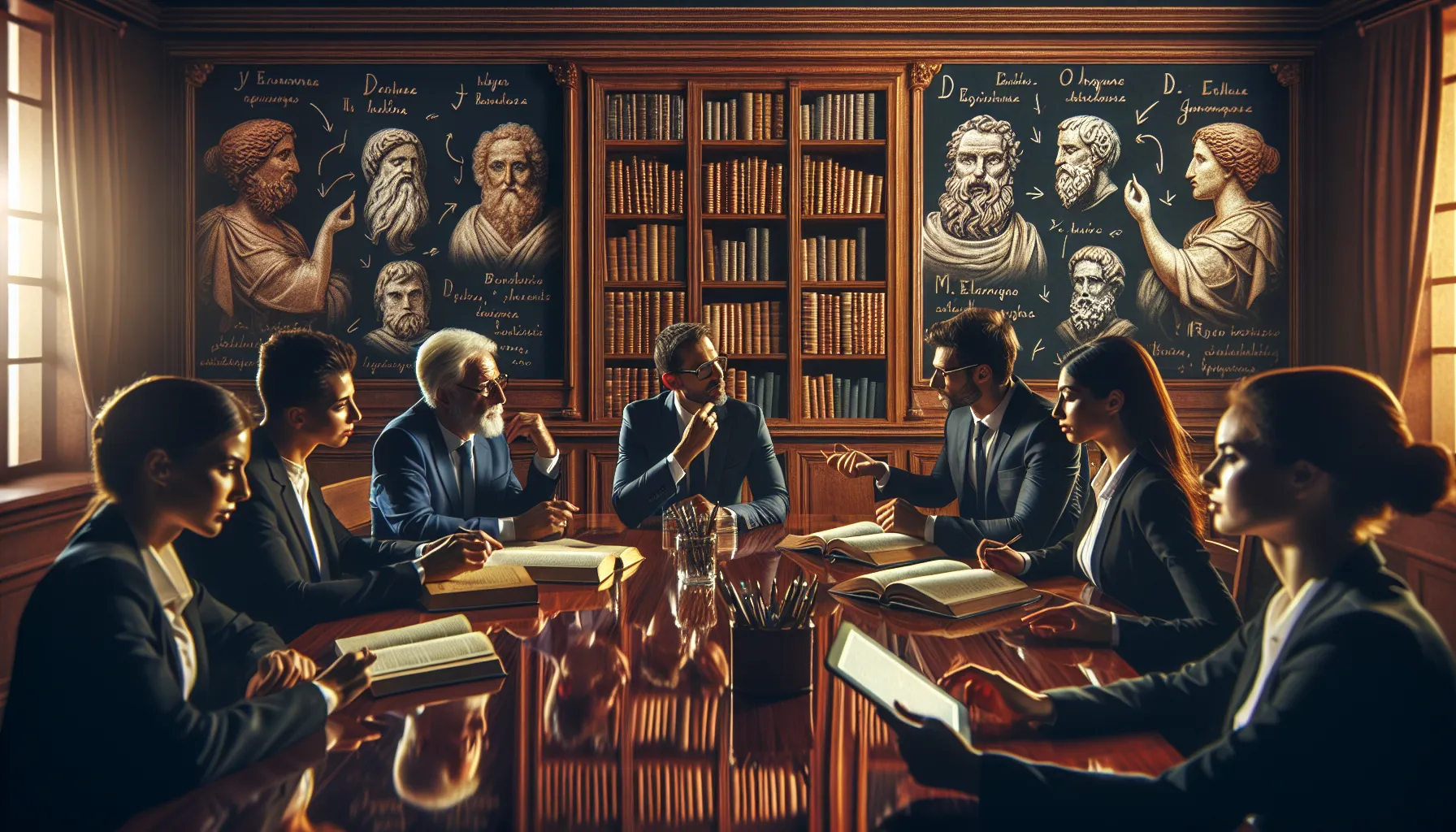 diverse group discussing ancient philosophies in a library setting.