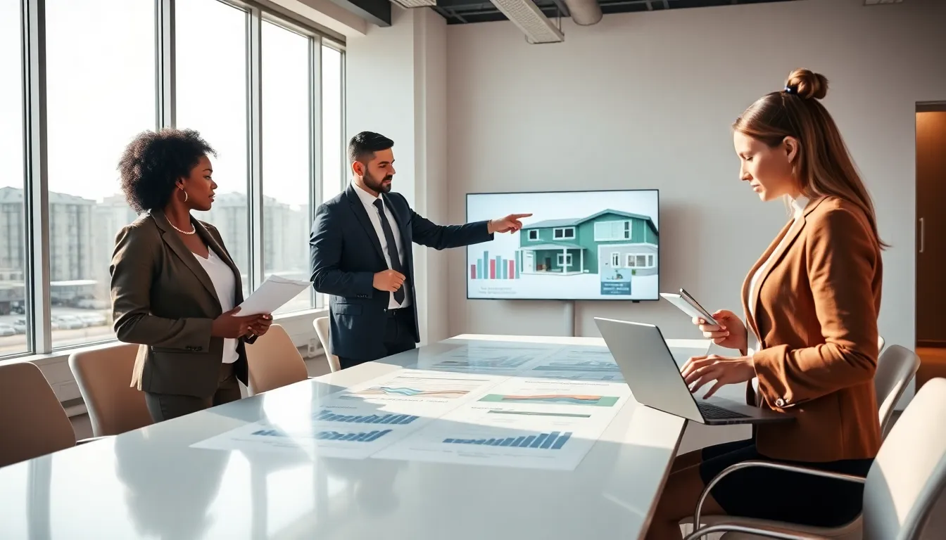 professionals discussing mobile home investing in a modern office.