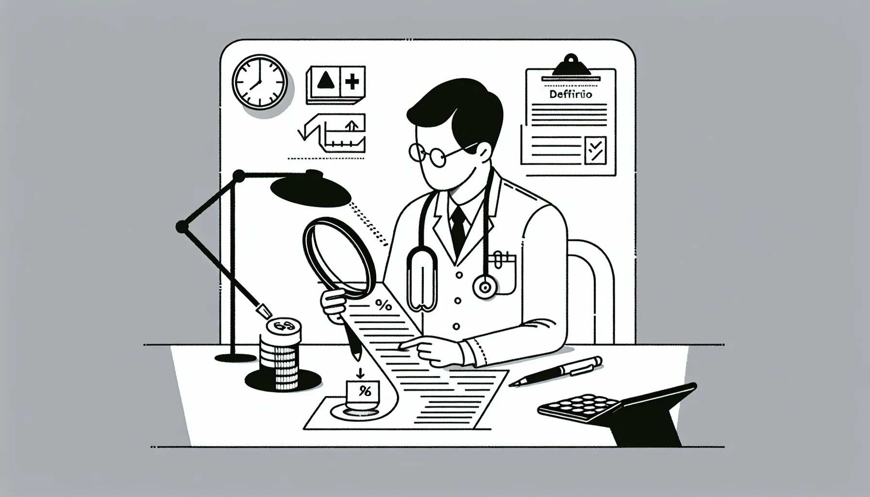 Veterinarian examining a paystub with warning icons and a calculator on desk of Veterinary Contract Red Flags.