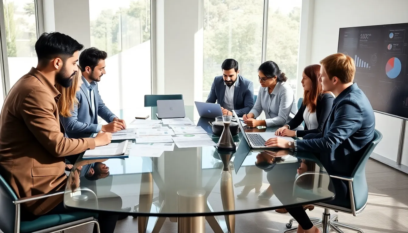 diverse professionals collaborating in a modern office setting.