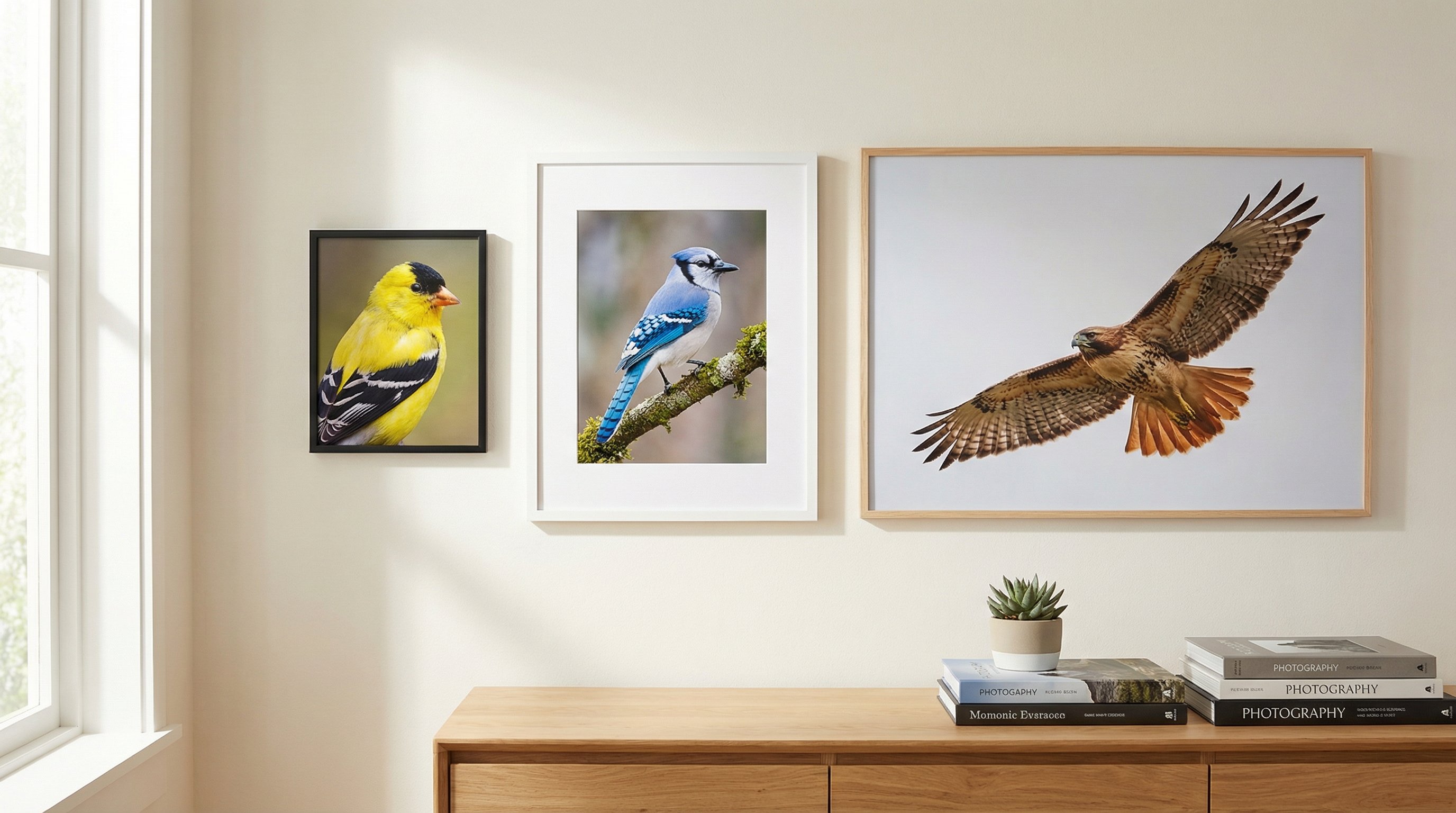 Three framed bird portrait prints in small, medium, and large sizes on a living room wall.