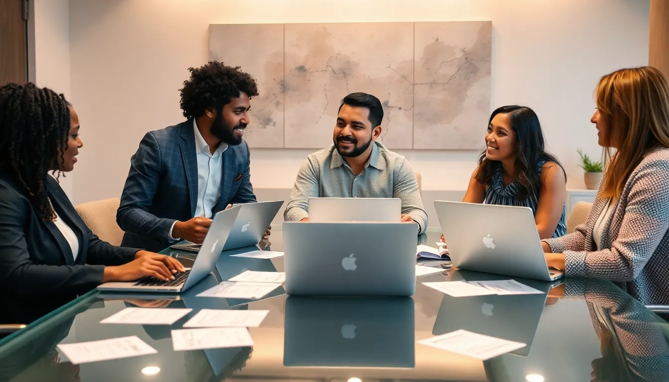 diverse team discussing innovation in a modern office setting.