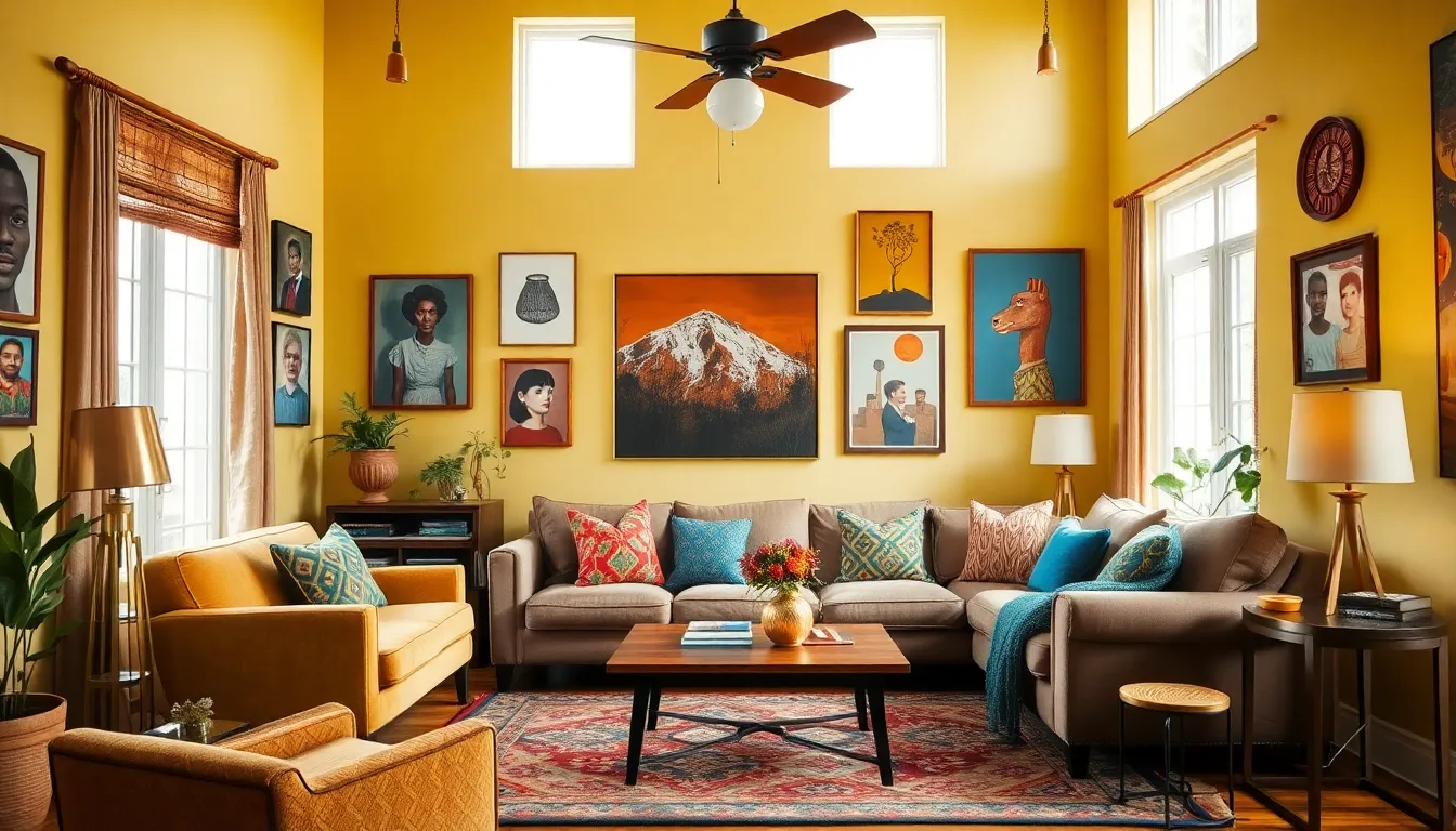 A cozy living room showcasing vibrant 319 decor style with eclectic furnishings.