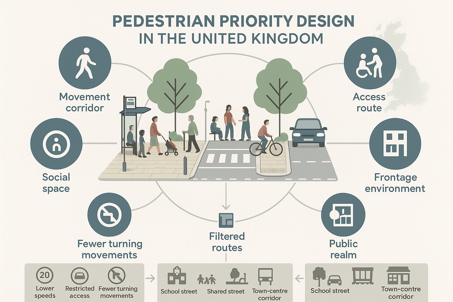 Infographic showing a people-first street design with walking prioritised over traffic.