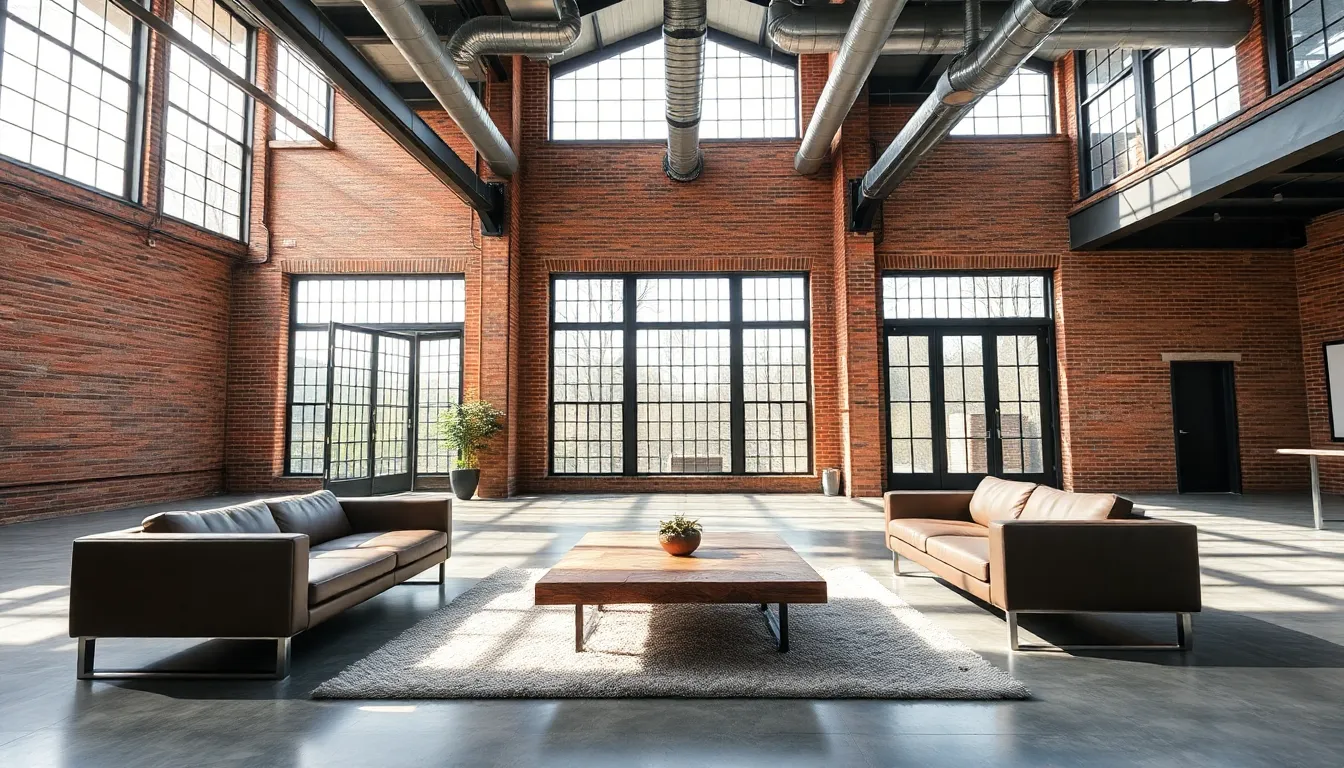 spacious industrial-style home with large windows and exposed materials.