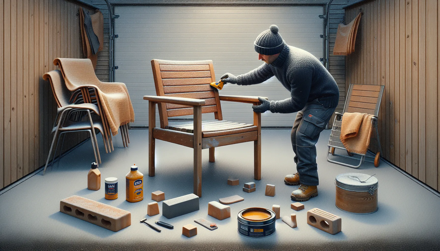 Norwegian homeowner oils teak chair while storing garden furniture for winter.