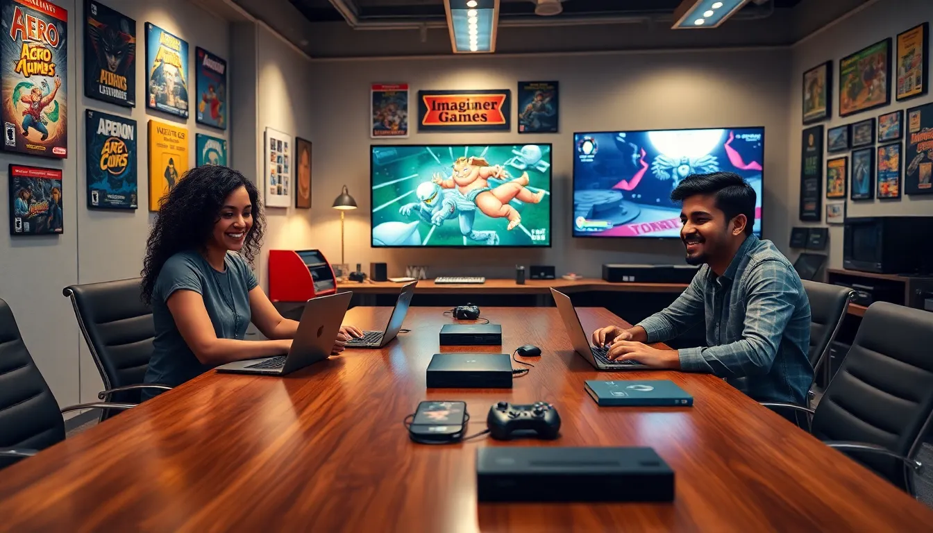 professionals collaborating in a modern office celebrating Imagineer Games' legacy.