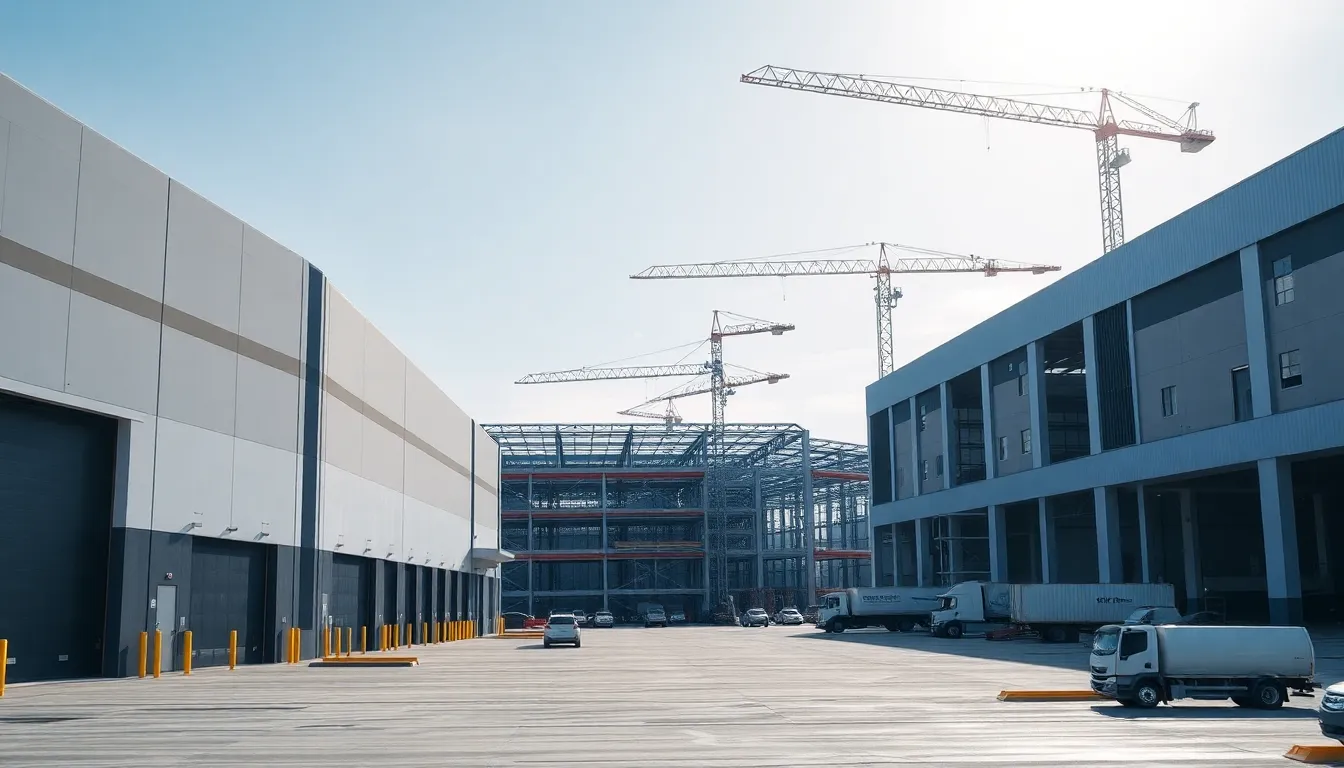 various types of warehouse buildings under construction at a site.