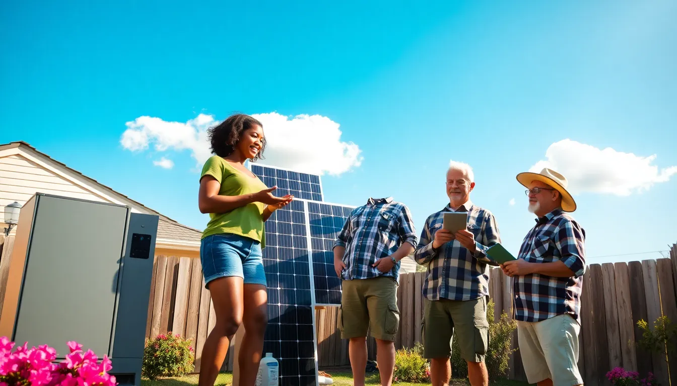 a diverse group demonstrating solar power and energy storage technology in a backyard.