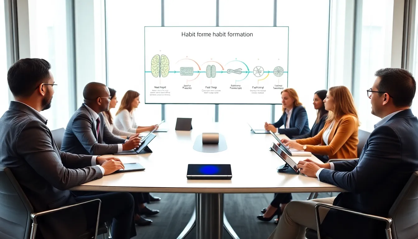 professionals discussing habit formation around a modern conference table.