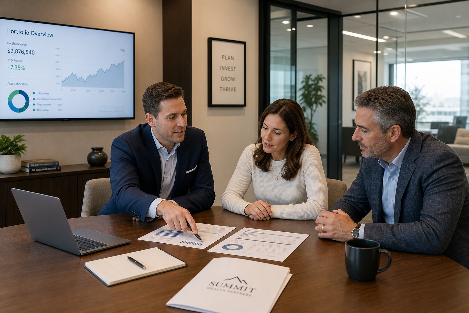 Commercial Mortgage Brokers Blackpool for Purchase and Refinance 11 Commercial mortgage meeting in a modern office with documents and financial discussion.