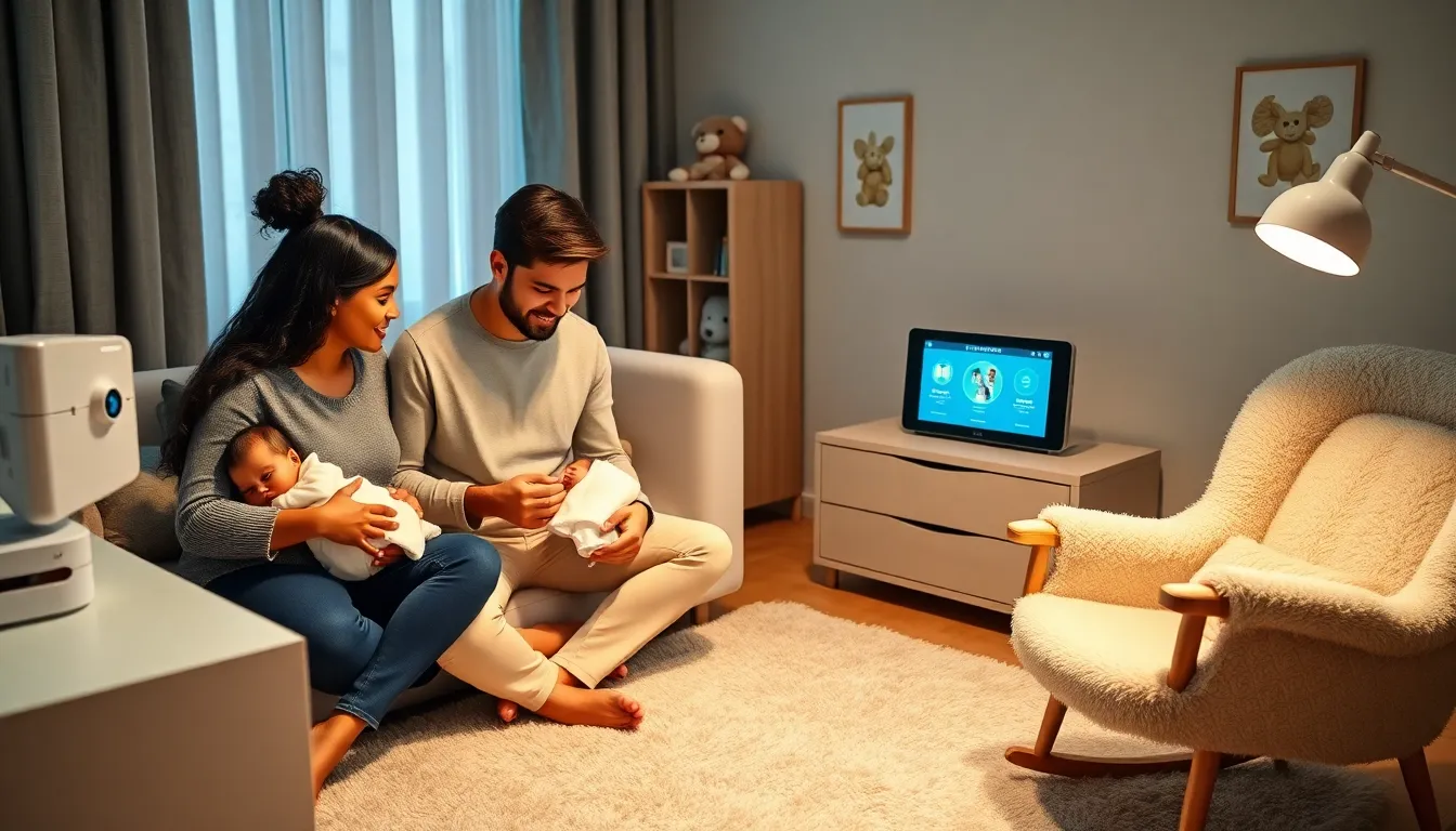 parents nurturing their newborn in a cozy, modern nursery.