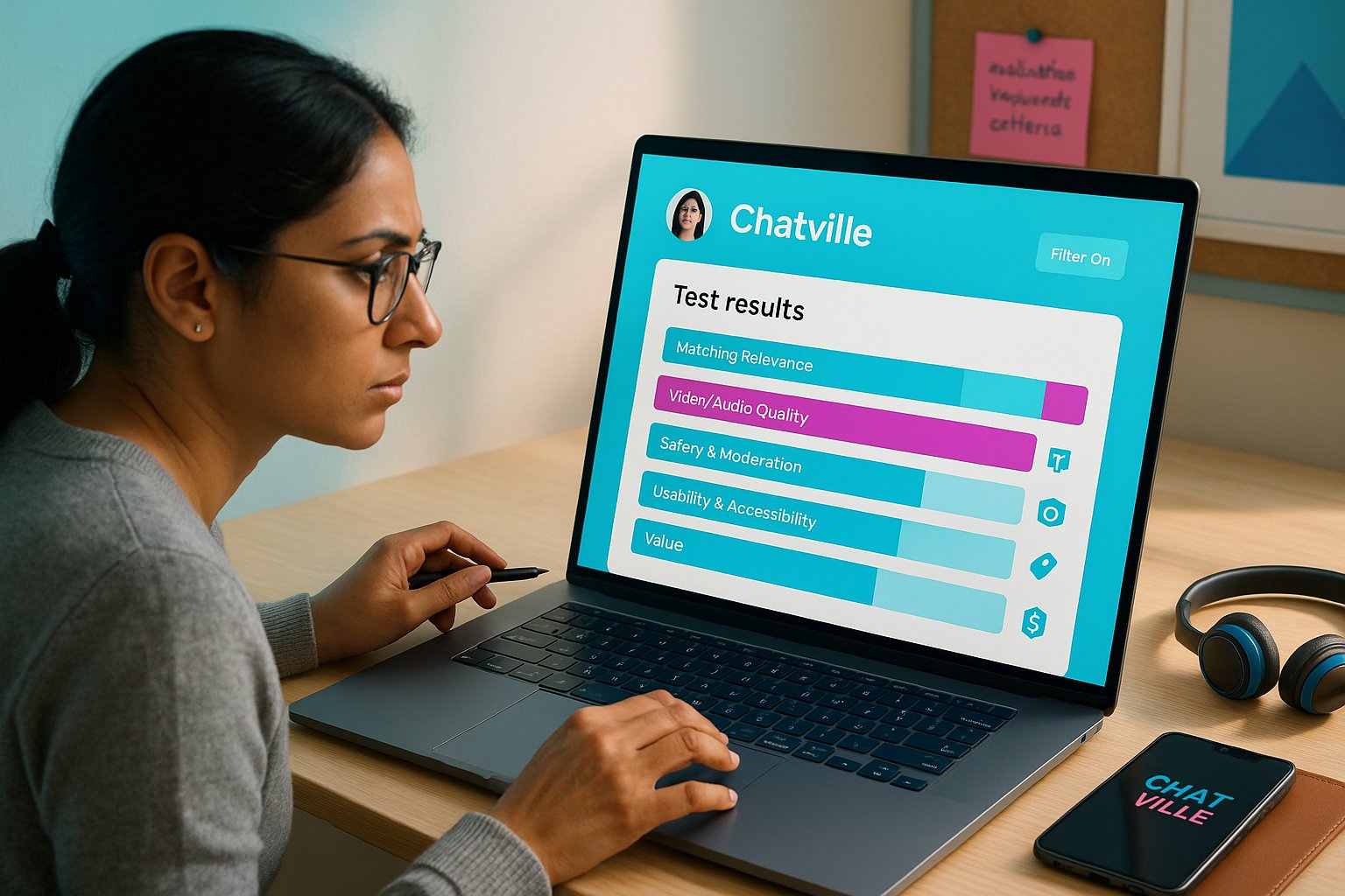 Person reviewing Chatville dashboard with five colored evaluation bars.