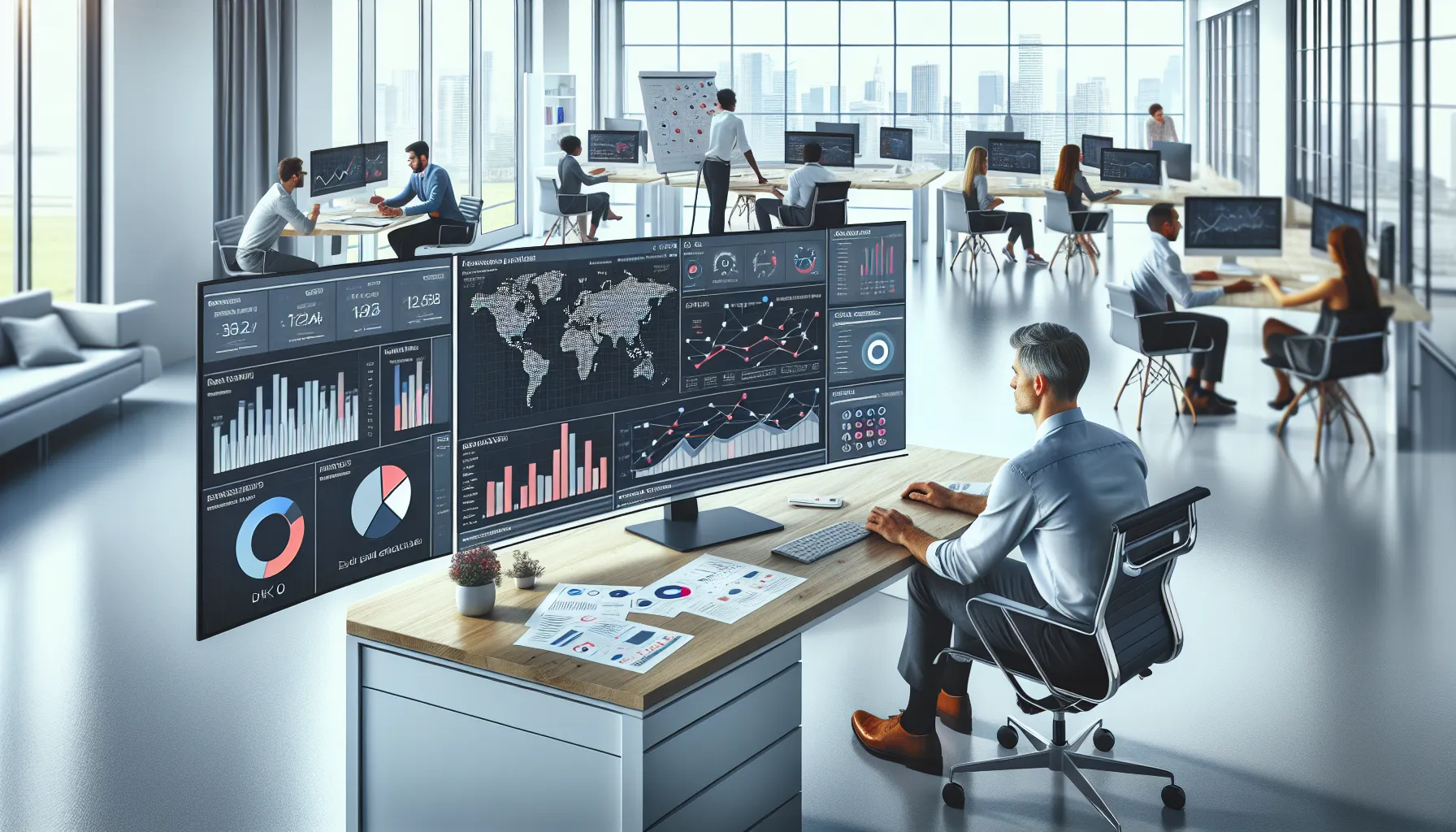Analyst in a modern office reviewing Tableau dashboards and exported business reports.
