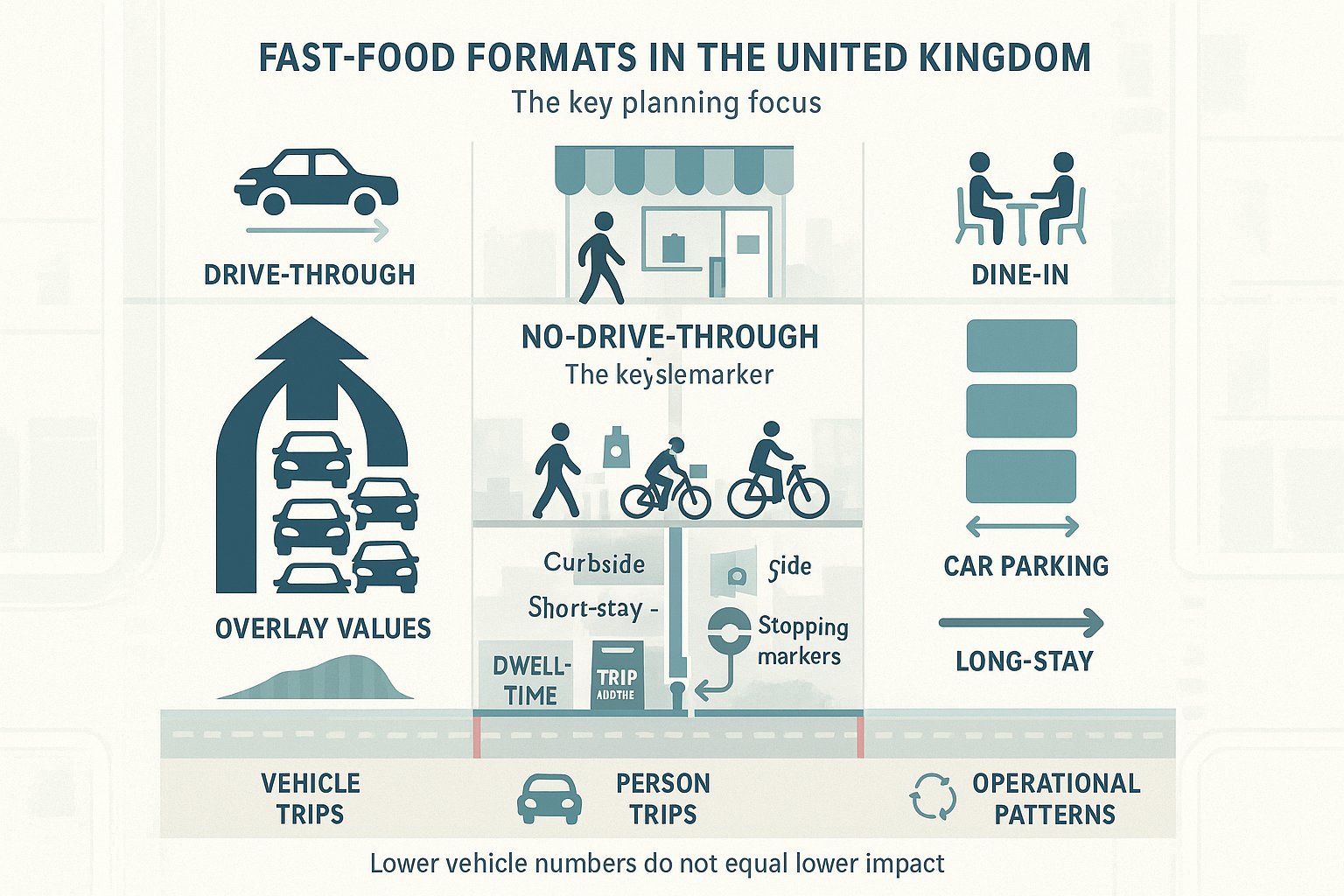Comparison infographic of drive-through, no-drive-through, and dine-in fast food transport impacts.