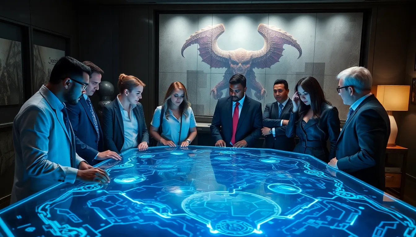 diverse characters strategizing in a futuristic Warhammer-themed environment.