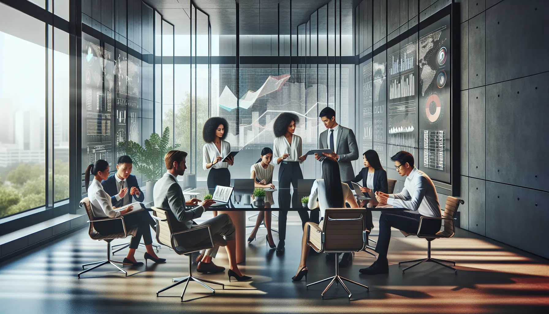 diverse professionals collaborating in a modern office setting.
