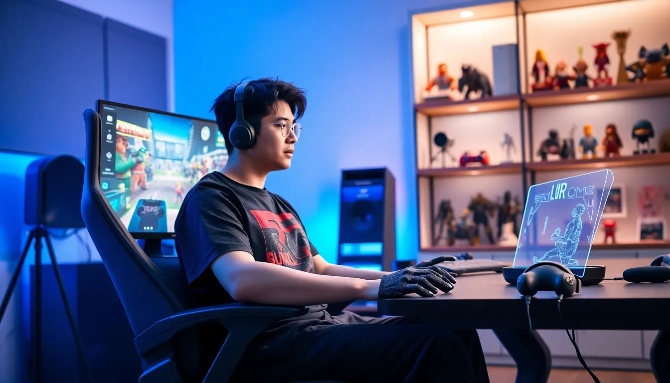 a gamer using advanced gadgets in a modern gaming setup.