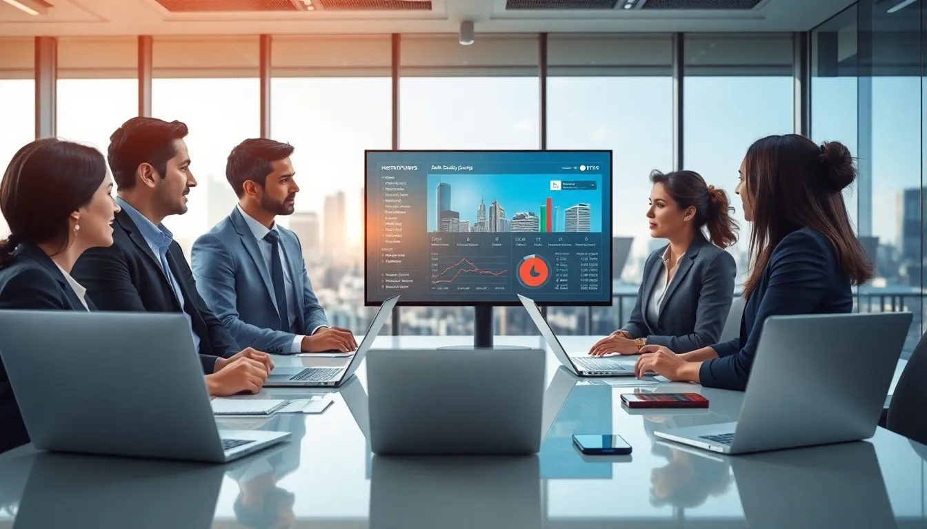 professionals discussing data tracking in a modern office.