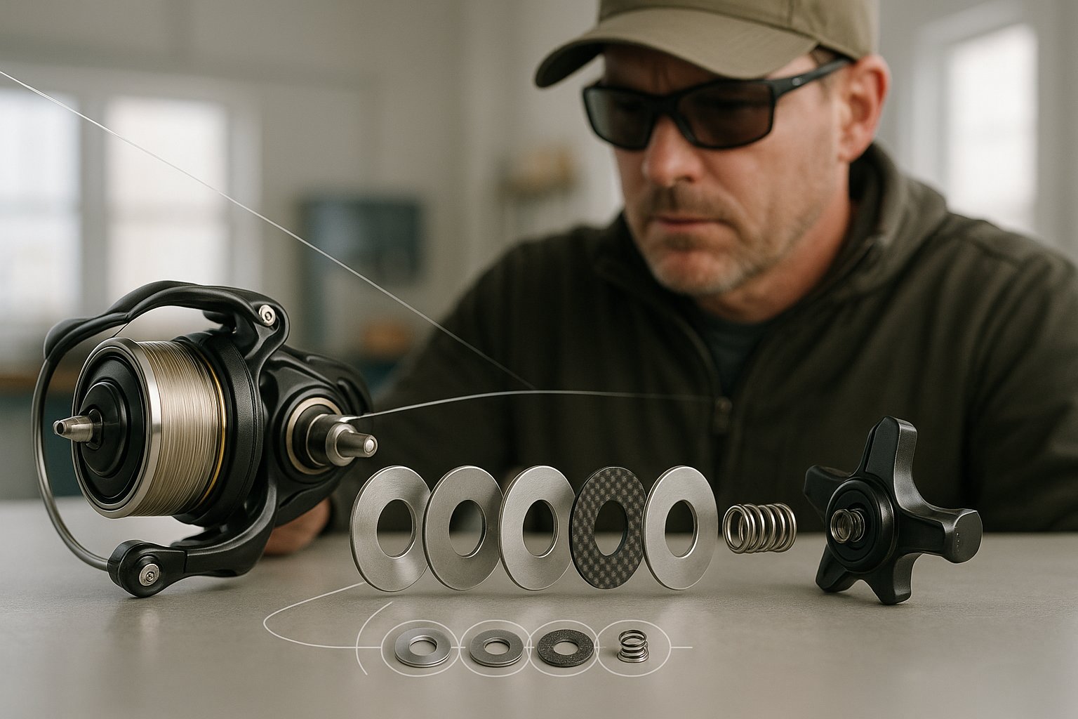 Fishing reel drag components laid out in a clean workshop.