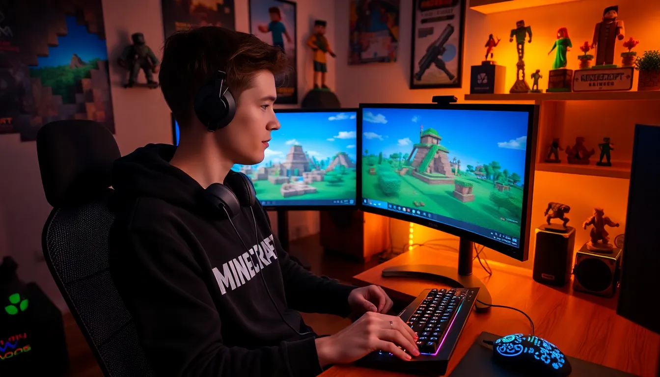A young man playing Java Minecraft on a dual monitor setup.