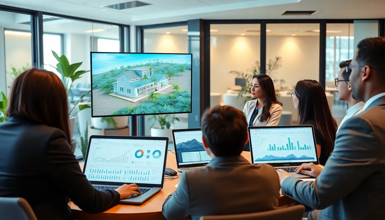 professionals discussing virtual real estate investing in a modern office.